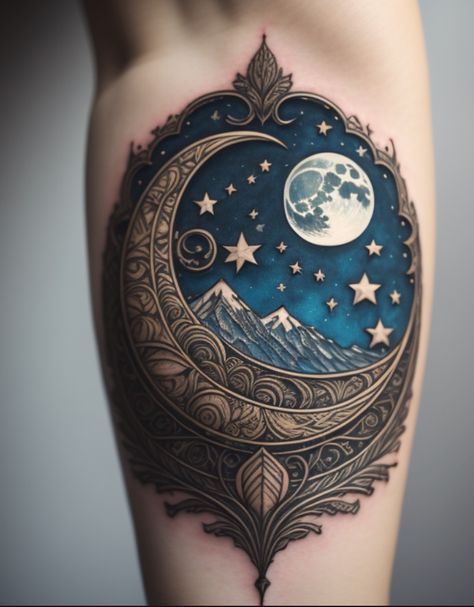 Night Themed Tattoo Sleeve, Lsdream Tattoo, Night Sky Sleeve Tattoos For Women, Night Shade Tattoo, New School Moon Tattoo, Neotraditional Sun And Moon, Neotraditional Moon Tattoo, Shade Tattoo, Night Sky Tattoos