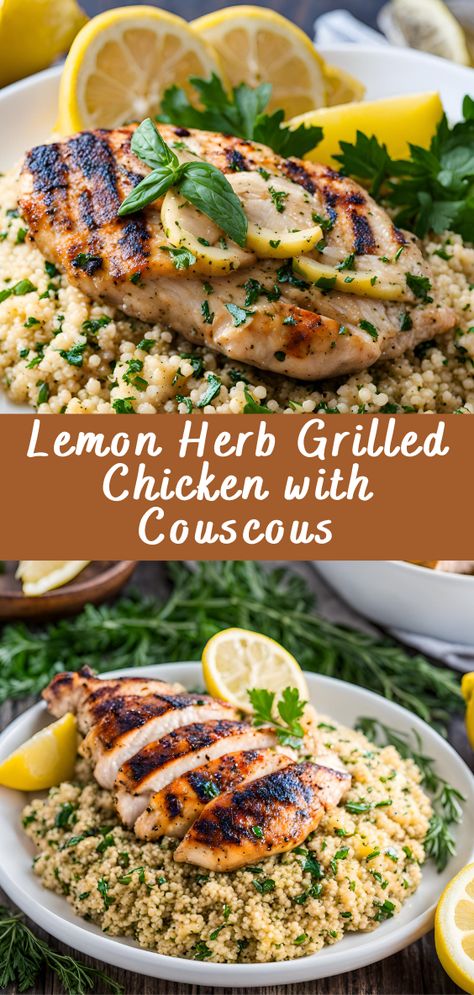 Lemon Herb Grilled Chicken with Couscous | Cheff Recipes Healthy Dinner Recipes With Couscous, Couscous Chicken Bowl, Grilled Herb Chicken Recipes, Healthy Dinner Recipes Couscous, Healthy Recipes With Couscous, Mediterranean Chicken And Couscous, Couscous Side Dishes Dinner, Meal With Couscous, Healthy But Yummy Dinners