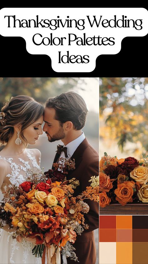 Thanksgiving wedding color palette featuring warm oranges, deep reds, rustic browns, and rich golds for an autumn-inspired celebration. Fall Color Palette Wedding, Wedding With Color, November Wedding Colors, Inviting Colors, Wedding Color Palettes, Thanksgiving Wedding, Thanksgiving Color, Autumn Beauty, Perfect Palette