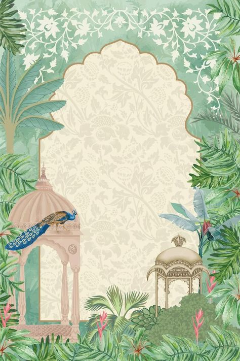 Premium Vector | Tropical mughal garden with peacock arch frame hand drawn illustration for invitation Wallpaper For Invitation Card, Mughal Invitation Cards, Mughal Garden Illustration, Mughal Wedding Invite, Mughal Art Paintings Illustrations, Mughal Invite, Mughal Wedding Card, Mughal Background, Wedding Card Invitation Ideas