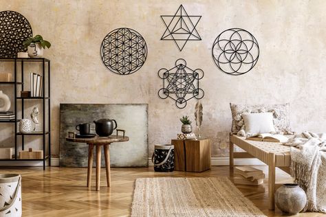 Sacred Geometry Metal Wall Art Set of 4, Home Meditation Metal Yoga Wall Decor, Zen Metal Home Decor, Flower of Life, Metatron Cube Wall Art https://etsy.me/38UxE7W #metalworking #bedroom #artdeco #homeandliving #homedecor #walldecor #zenmetalhomedecor #floweroflife Sacred Geometry Wall Art, Cube Wall Art, Metatron Cube, Gold Metal Wall Art, Yoga Wall Decor, Metal Bird Wall Art, Wall Art Set Of 4, Black Metal Wall Art, Metal Home Decor