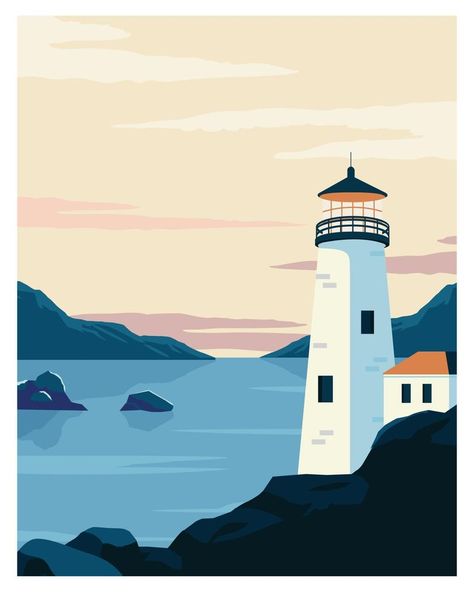 Lighthouse in ocean. Landscape background Vector illustration of mountains and lighthouse. Digital Vector Illustration, Lighthouse Digital Art, Adobe Illustrator Landscape, Lighthouse Vector Illustration, Lighthouse Graphic Design, Living Room Skylight, Skylight Home, Lighthouse Mural, House Skylight