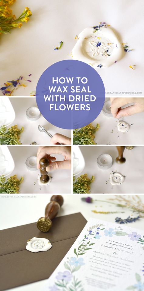 How To Wax Seal A Bottle, Wax Seal Tutorial, Wax Seal Dried Flowers, Wax Seal Ideas Fun, Wedding Invitations With Wax Seal And Dried Flowers, Diy Sealing Wax Recipe, Wax Seal Inspiration, How To Make Wax Seals, Wax Seal With Dried Flower