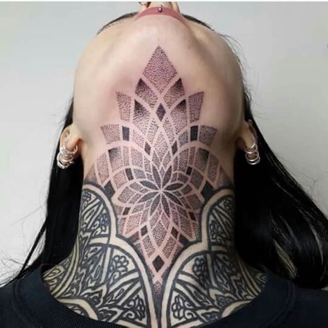 Lotus Throat Tattoo, Chin Line Tattoo, Jaw Line Tattoo, Throat Tattoos, Geometric Dotwork, Dotwork Tattoo Mandala, Geometric Mandala Tattoo, Hip Tattoos, Throat Tattoo