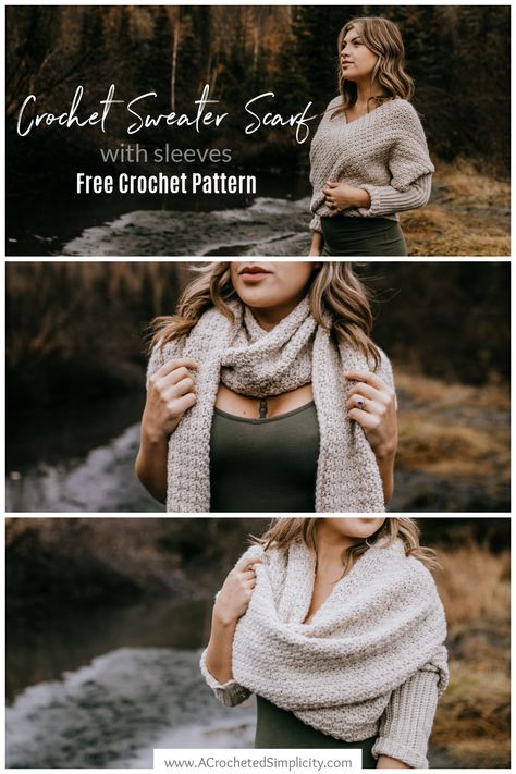 Learn to crochet a sweater scarf with this beginner-friendly crochet pattern. A scarf with sleeves (also called a thneed), can be worn as a crochet scarf, a cowl, a shawl, and even a wrap around sweater! This beginner-friendly pattern is worked all in one piece. #scarfwithsleeves #crochetscarfwithsleeves #sweaterscarf #crochetscarf #sweaterscarfhowtowear #scarfwithsleeves #scarfwithsleevespattern #freecrochetpattern #crochetscarfpattern #crochetsweater #crochetwrap #easycrochet #beginnercrochet Crochet Wrap Around Shawl Free Pattern, Scarf Crochet Pattern Free Chunky, Crochet Shawl Scarf, Cowl Pattern Crochet, Shrug Pattern Crochet, Reading Shawl Crochet Pattern, Crochet Shawl With Sleeves Pattern Free, Crochet Wrap With Sleeves Free Pattern, Wrap Shawl Crochet Pattern