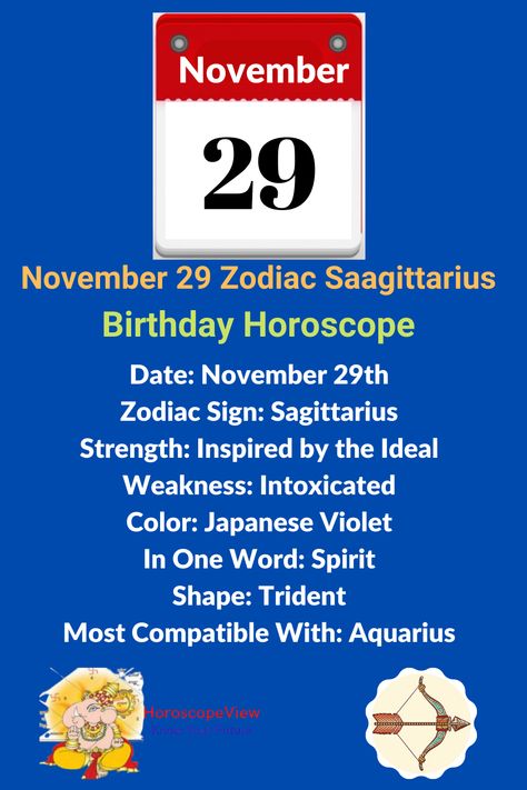 November 29 zodiac Sagittarius birthday astrology and horoscope predictions for all life predictions and aspects help you lead your life happily. In this post, you will get to know all about Nov 29 Sagittarius zodiac predictions such as love, job, money, business, family, education, children, health and more. Also, you will get an answer for what is the zodiac Sign for November 29? Personality Characters, November Zodiac Sign, Positive And Negative Traits, Zodiac Predictions, Zodiac Sign Sagittarius, Birthday Horoscope, Horoscope Dates, Children Health, Sagittarius Birthday