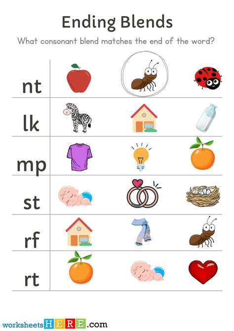 Blends Worksheets Kindergarten, Ending Consonant Blends, Ending Blends Worksheet, Consonant Blends Worksheets, Blends Worksheets, English Worksheets For Kindergarten, Consonant Blends, Kindergarden Activities, Kindergarten Math Worksheets