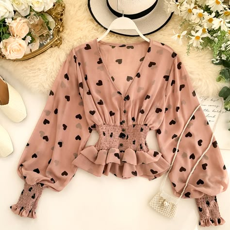 Heart Print Blouse, Ruffled Tops, Printed Chiffon Blouse, Chiffon Shirt Blouse, Outfit 2020, Corset Outfit, Pink Corset, Fashion Tops Blouse, Tops And Blouses