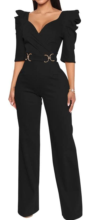 PRICES MAY VARY. 【Style】: Sexy V-Neck Puff Sleeves Women's Jumpsuit Wide Leg Pants Club Jumpsuit, perfect to show your figure, no need to worry about exposure, well-cut to make you look slimmer. We offer a variety of styles for you to choose from, with a wide range of colors, there is always one that suits you. 【Design】: The high shoulder and waist design show the elegance and sexiness of women; the long wide-leg pants perfectly shape the curves of women's legs and show their height. The sexy V- Women Evening Outfits, Pants Romper Outfit Dressy, After 5 Attire For Black Women, Female Officiant Attire Wedding, Dramatic Clothing Style, Winter Jumpsuit Outfit Classy, Full Body Jumpsuit Outfit, Retirement Party Outfits For Women, All Black Outfit Dressy