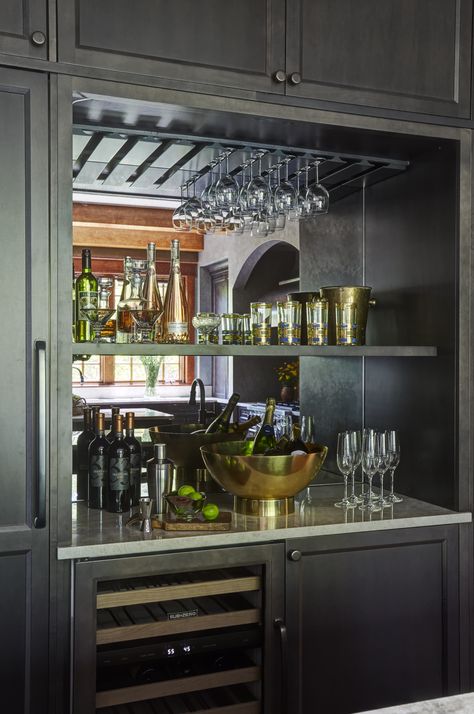 Wine Cupboard Kitchen, Mirrored Back Bar, Bar In Kitchen Built In, Home Bar With Wine Fridge, Wine Area In Kitchen, Wine Refrigerator Cabinet Built Ins, Built In Bar In Kitchen, Bar Nook In Living Room, Built In Home Bar