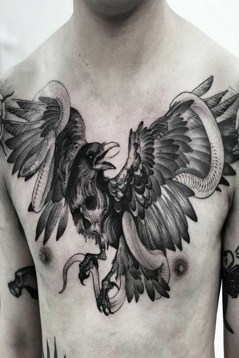 Bird Chest Tattoo, Body Tattoo Ideas, Tattoo Ideas Unique, Colorful Tattoos, Raven Tattoo, Body Tattoo, Gorgeous Tattoos, I Graduated, Dark Art Tattoo