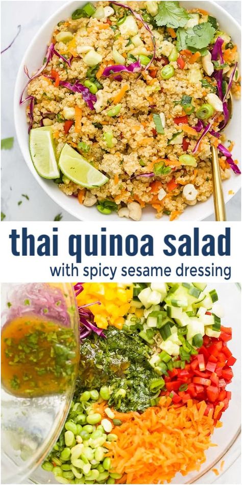 An easy Thai Quinoa Salad filled with fluffy quinoa, cucumber, peppers, carrots, cabbage, edamame and cashews all tossed with a sesame ginger dressing for the ultimate bite. It's a light & refreshing side that keeps on giving, perfect for lunch too! #thaisalad #saladrecipe #summersides #bbqsideideas #quinoa #glutenfreerecipes Quinoa Lunch Ideas, Quinoa Cucumber Salad, Thai Quinoa, Edamame Salad Recipes, Sprouted Quinoa Recipes, Recipes With Edamame, Easy Dishes For A Crowd, Thai Quinoa Salad, Summer Quinoa Salad Recipes Cold