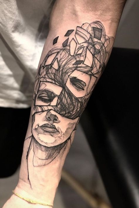 Tattoos Of Faces Abstract, Worry Tattoo, Half Sleeve Tattoo Upper Arm, Ideas For Tattoos, Black And Gray Tattoos, 30 Tattoo, Cyberpunk Tattoo, Atlas Tattoo, Modern Art Tattoos