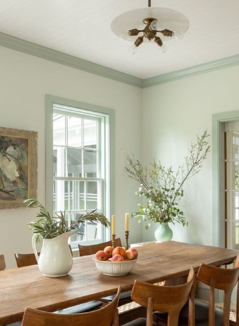 Beautiful country dining room with celadon trim in a home by Joshua Smith. #celadonpaintcolor #greeninteriors #greentrim Green Dining Room Decor, Green Dining Room Walls, Country Dining Room, Joshua Smith, Different House Styles, Dining Room Decor Ideas, Dining Room Paint Colors, Cottage Dining Rooms, Green Dining Room