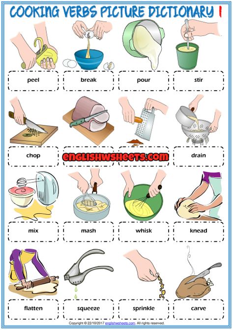 Cooking Verbs ESL Printable Picture Dictionary For Kids Cooking Words, Kitchen Verbs, Kitchen Vocabulary Learn English, Learning Cooking, Esl Cooking Worksheets, Action Verbs For Kids, Cooking Verbs, Verbs Vocabulary, Action Verbs Flashcards