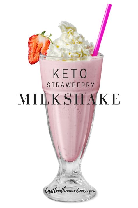 Luscious Keto Strawberry Milkshake~Ice Cold & 6 Net Carbs. It hits the spot on a hot day and tastes like childhood. This is an easy recipe for simple pleasure. It takes 5 minutes to make. I wish everything were as easy as this Keto Strawberry Milkshake. Do Keto YOUR way. #easyketo #ketodessert Keto Strawberry Shake, Keto Milkshake Recipe, Milkshake Recipe Strawberry, Keto Beverages, Keto Milkshake, Keto Protein Shakes, 5 Minute Recipe, Breakfast Shake, Milkshake Flavours