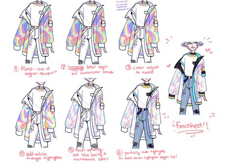 Holo Tutorial Drawing, How To Draw Iridescent Fabric, Holographic Clothes Drawing Tutorial, Binder Drawing Reference, Jacket Coloring Tutorial, Jacket Tutorial Drawing, Clothing Coloring Tutorial, Holographic Coloring Tutorial, How To Draw Holographic Fabric