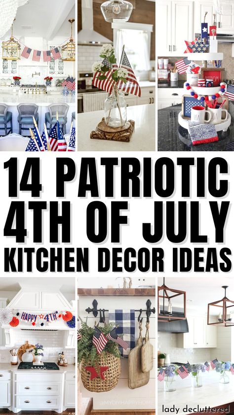 14 Patriotic 4th of July Kitchen Decor Ideas Red White And Blue Kitchen Ideas, Patriotic Kitchen Decor, 4th Of July Kitchen Island Decor, July 4th Centerpieces, 4th Of July Kitchen Decor, 4th Of July Vignettes, 4th July Decor, Glass Cookie Jars Display, Open Shelving Decor Ideas