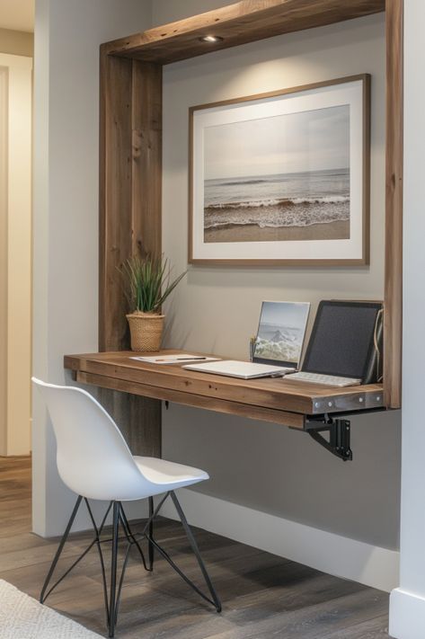 Wall Mounted Folding Table Floating Butcher Block Desk, Folding Table On Wall, Office In Entryway, Wall Desk Folding, Fold Up Desk On Wall, Home Office Floating Desk, Study Table Wall Decor, Wall Desk Ideas, Small Wall Desk