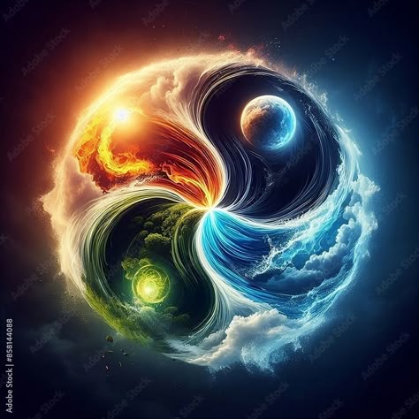 Download four elements of nature forming a circular shape. Earth, wind, fire, air, water. Dramatic dark background emphasizing the elements in the center generative ai Stock Illustration and explore similar illustrations at Adobe Stock. The 4 Elements Art, Earth Wind Fire Water Art, Four Elements Aesthetic, Four Elements Art, Les 4 Elements, Dragon Yin Yang Tattoo, Earth Element Symbol, Tarot Background, 5 Elements Of Nature