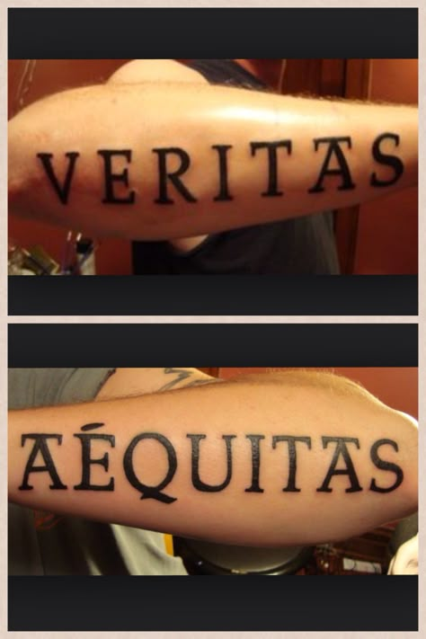 Way smaller and different placement, but absolutely perfect font for my Boondock Saints tattoo. Verity and Equity: Truth and Justice Truth And Justice Tattoo, Boondock Saints Tattoo, Saint Tattoo, Justice Tattoo, Bored In Class, Prison Tattoos, Chicano Tattoo, Batman Tattoo, Truth And Justice