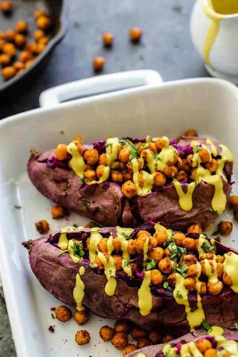 Browse through these Purple Sweet Potato Recipes and discover a variety of beautiful and delicious approaches to using the vibrant vegetable. You’ll find both sweet and savory ways to incorporate them into your meals. #purplesweetpotato Baked Purple Sweet Potato, Purple Sweet Potato Recipes, Purple Potato Recipes, Tahini Recipe, Purple Sweet Potato, Japanese Sweet Potato, Potato Dinner, Spiced Chickpeas, Purple Potatoes