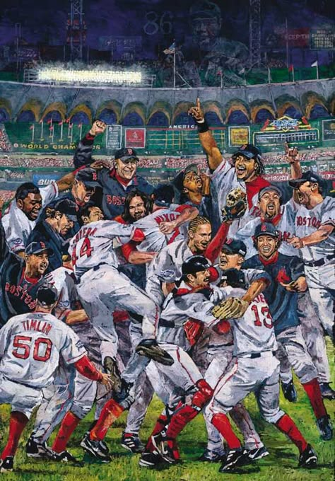 The 2004 Boston Red Sox in "Boston Champs" by Opie Otterstad. More at www.bostonbaseball.com/baseball_artists/baseball_artist_opie_otterstad.php Red Sox Tattoo, Boston Baseball, Leroy Neiman, Red Sox Nation, England Sports, Red Socks Fan, Red Sox Baseball, Peter Max, Baseball Art