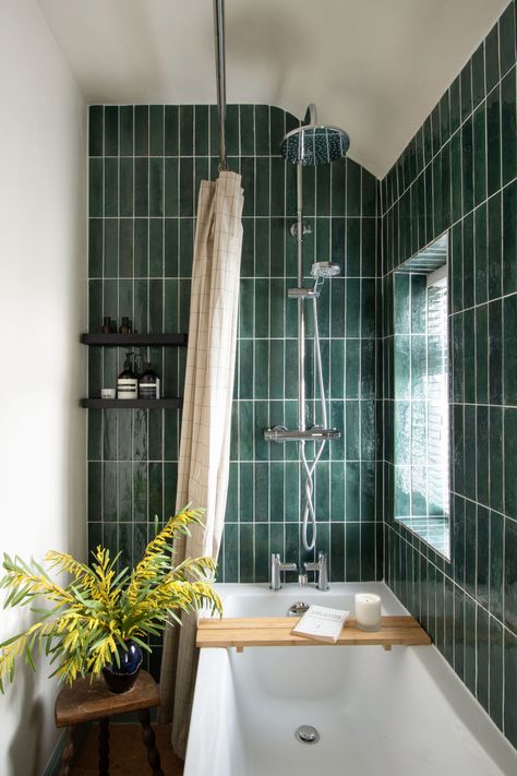 Tiny Bathroom Ideas Bathtub, Bathroom With Character, Dark Cosy Bathroom, Bathroom Shower Bath Combo, Green And Chrome Bathroom, Dark Green Tiled Bathrooms, Small Green Tiled Bathrooms, Dark Green Tiles In Bathroom, Green Small Tiles Bathroom