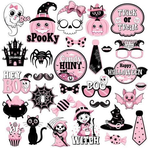 The best Halloween fonts for bloggers and content creators. Pastel Halloween Clipart, Sticker Ideas Halloween, Sketching Prompts, Pink Halloween Decorations, Pink And Black Halloween, Halloween Selfie, Pink Horror, Nail Templates, Halloween Photo Booth Props