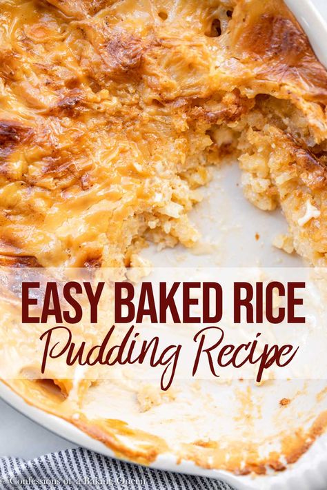 Baked Rice Pudding is rich, creamy, and the perfect simple dessert. Baking the rice pudding produces a thick pudding like rice with a gorgeous thick custard like skin top. The skin is the best part!! Made with short grain Italian Arborio Rice or Pudding Rice the texture is perfect!!     #bakedricepudding #ricepuddingrecipe #englishricepudding #britishricepudding Easy Baked Rice, Arborio Rice Pudding, Best Rice Pudding Recipe, Rice Custard, Pudding Rice, Rice Puddings, Old Fashioned Rice Pudding, Canadian Dessert, Baked Rice Pudding