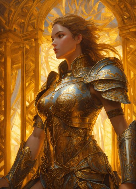 Golden Character, Donato Giancola, Michael Whelan, Warrior Art, Girl Face Drawing, Spiritual Warrior, Female Armor, Angel Warrior, Comic Characters