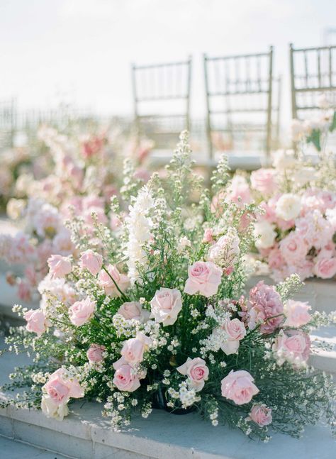 Chapel Flower Arrangements, Pink Coastal Wedding, White And Pink Wedding Decor, Blush And Bashful Wedding, Pastel Pink Wedding Theme, Pink Wedding Aesthetic, Pink Wedding Table Decor, Shades Of Pink Wedding, Pink Garden Wedding