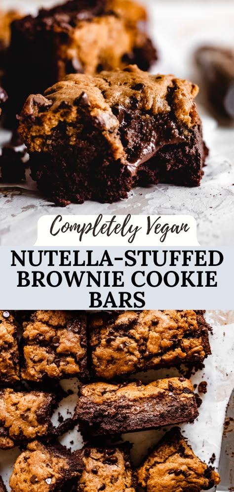 Vegan Nutella Cake, Vegan Nutella Cookies, Vegan Brookies Recipe, Nutella Brookies, Vegan Brookie, Vegan Brookies, Vegan Brownie Cookies, Brownie Cookie Bars, Dairy Free Nutella