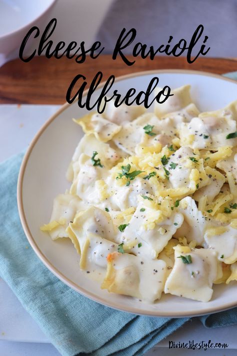 Cheese Ravioli Alfredo Recipe Pasta Dinner Divine Lifestyle Dinner Ideas With Cheese Ravioli, Meatless Ravioli Recipe, Mac And Cheese Ravioli, Cheese Ravioli With Alfredo Sauce, Alfredo Cheese Ravioli, Cheese Ravioli Alfredo, Cheese Ravioli White Sauce, Cheese Stuffed Ravioli Recipes, White Sauce Ravioli Recipe