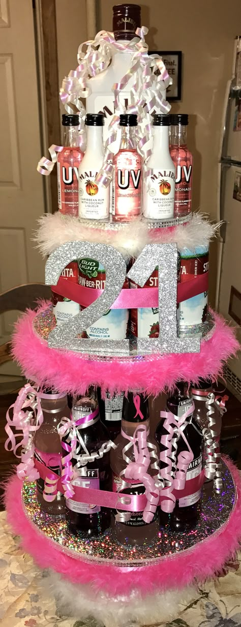 Best friend's 21st birthday alcohol tower. Everything was handmade by myself. If you have an questions, please message me! Alcohol Tower, Birthday Alcohol, 21st Birthday Cupcakes, 21st Birthday Diy, Carillons Diy, 21st Birthday Girl, 21st Birthday Presents, 21st Bday Ideas, 21st Birthday Cakes