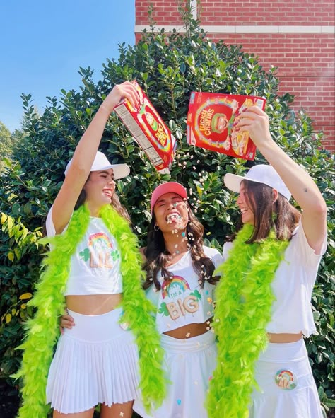 Lucky Charm Sorority, Lucky Charm Bid Day Theme, Lucky Me Im A Big Sorority, Lucky Charms Themed Bid Day, Lucky Charms Sorority Theme, Lucky Charm Bid Day, Lucky Me Bid Day Theme, Creative Big Little Reveal Themes, Sorority Big Little Themes