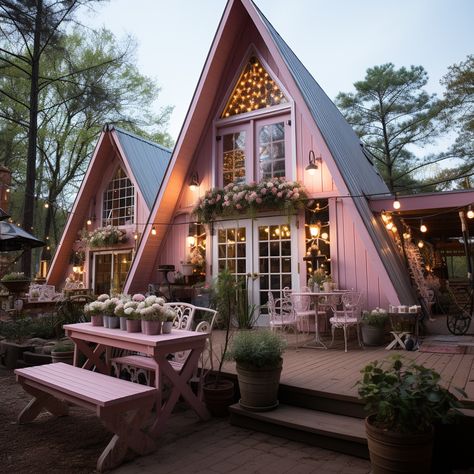 Aphrodite Cabin Exterior, Girly Cabin, Pink Cabin, Cottagecore Tiny House, Maximalism Interior, Fairytale Houses, Cottage Tiny House, Cabin Aesthetic, Fairytale House