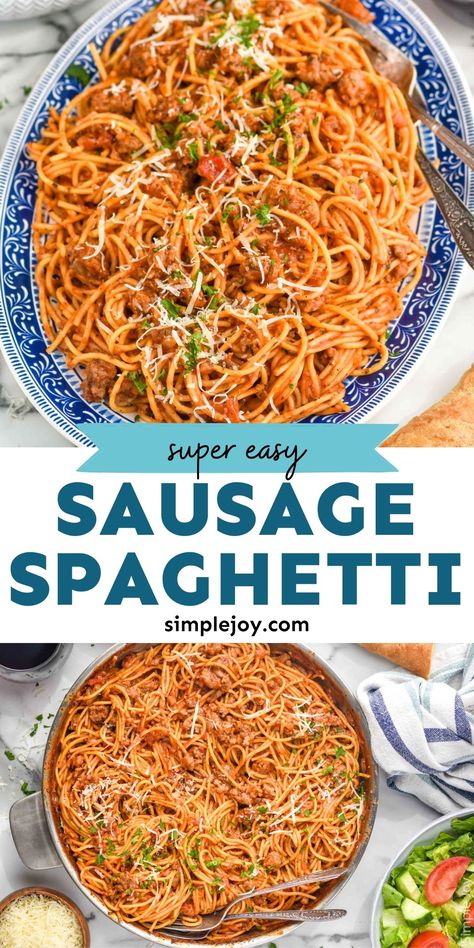 This delicious one pot Sausage Spaghetti is so easy to make, full of delicious flavor, and is perfect for a weeknight meal. This is a 30 minute meal everyone will love! Spaghetti With Italian Sausage, One Pot Italian, Italian Sausage Spaghetti, One Pot Sausage, Quick Delicious Dinner, Creamy Spaghetti, Fast Easy Dinner, One Pot Spaghetti, Easy Delicious Dinners