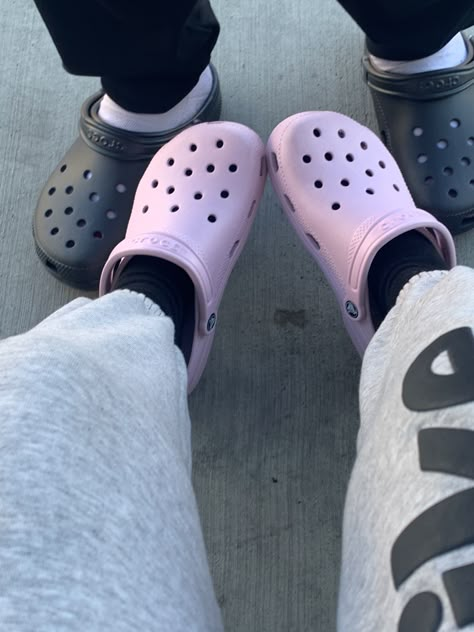 Fits With Pink Crocs, Matching Best Friend Crocs, Pink Crocs Aesthetic, Pink Croc Fits, Pink Croc Inspiration, Croc Decor, Croc Outfits, Cute Fall Fits, Pink Crocs