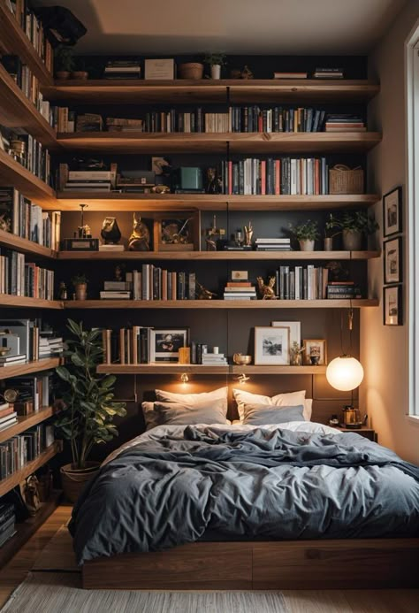 15 Clever Tiny Bedroom Ideas You Must See 19 Vertical Bedroom Storage, Small Bedroom With Library, Tiny Bedroom Hacks, Small Library Room, Small Library Room Ideas, Tiny Bedroom Ideas, Small Bedroom Storage, Library Bedroom, Bedroom Hacks