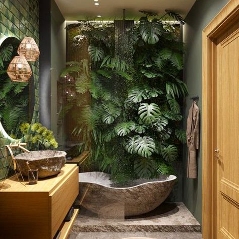 BRB... time to relax and unwind from the week that was in bathroom plant heaven. Desain Pantry, Outdoor Bathroom Design, Tropical Bathroom, Outdoor Bathroom, Plant Room, Outdoor Bathrooms, Bathroom Design Decor, Studio Apartment Decorating, Tropical Design