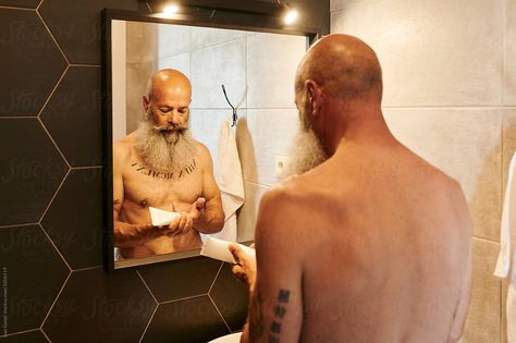 Man In Front Of Mirror, Man Getting Ready, In Front Of Mirror, His Bathroom, Standing Bath, Pose References, Man Standing, Cool Poses, Pose Reference