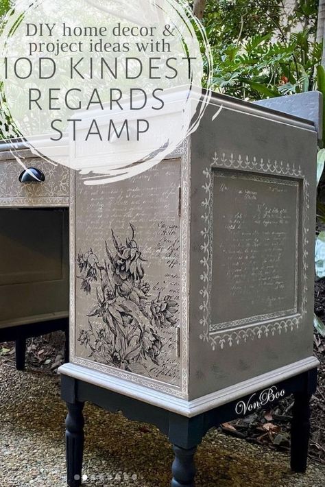 If you love IOD Stamp, you'll want to learn more about the handwritten letter in the Iron Orchid Designs "Kindest Regards" Stamp. This clear stamp featuring cursive script is perfect for painted furniture, dresser makeovers and other DIY home decor projects. Furniture Stencils Vintage, Iod Stamps On Furniture, Iod Transfer Ideas, Iod Stamps Ideas, Iod Transfers On Furniture, Iod Projects, Orchid Decor, Decoupaged Furniture, Iod Molds