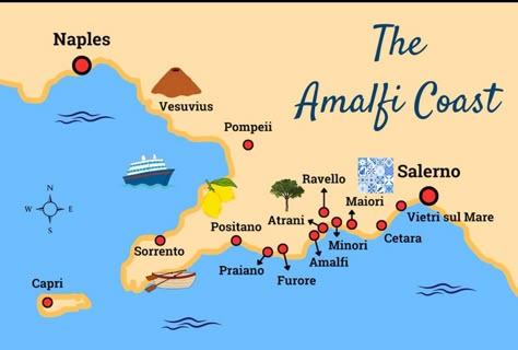 Amalfi Coast Map, Sorrento To Capri, Amalfi Coast Towns, Italy Trip Planning, Amalfi Coast Travel, Italy Amalfi, Travel Facts, Amalfi Coast Italy, Italy Map