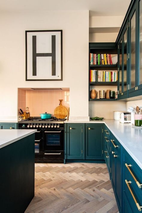 white and teal kitchen, herringbone floor Herringbone Kitchen, Green Kitchen Designs, Dark Green Kitchen, Bespoke Kitchen Design, Teal Kitchen, Bespoke Kitchen, Interior Minimalista, Kitchen Extension, Bespoke Kitchens