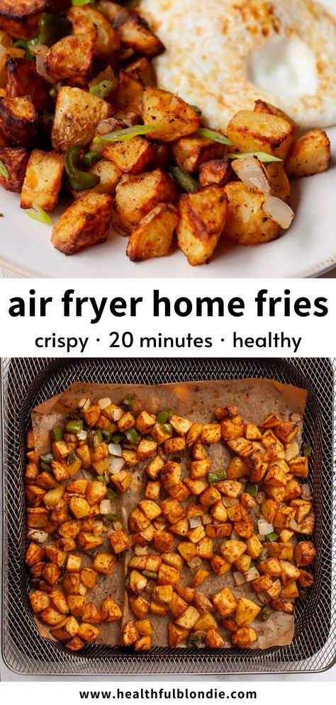 Restaurant-style air fryer home fries are extra crispy, fluffy, and loaded with caramelized onions and peppers. Ready in under 20 minutes, these breakfast potatoes are the perfect side dish. No butter is needed! Breakfast Potatoes In The Air Fryer, Homefries In The Air Fryer, Home Fries Recipe Air Fryer, Home Fries Breakfast Air Fryer, Air Fryer Breakfast Potatoes And Onions, Air Fry Home Fries, Air Fry Breakfast Potatoes, Home Fries Recipe Breakfast, Air Fried Home Fries