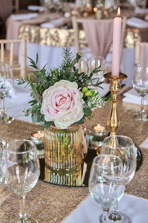 Pink And Gold Birthday Party Decorations Centerpieces, Pink And Gold Centerpieces Wedding, Wedding Reception Table Decorations Diy, Pink White And Gold Party Decoration, Mirrored Centerpieces, Gold Floral Centerpieces, Coquette Quinceañera, Pink And Gold Centerpieces, Pink And Gold Wedding Theme