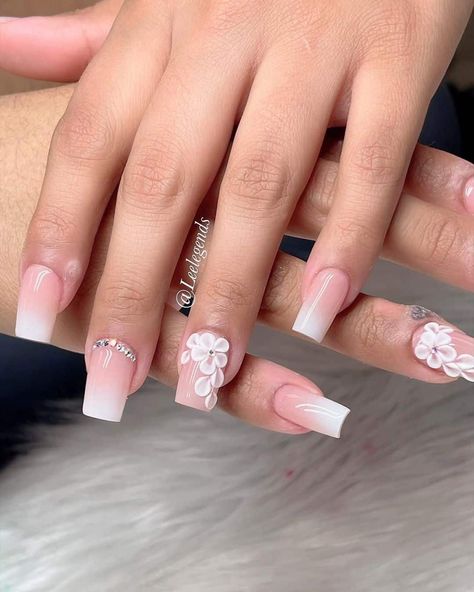 The Best Short Nails You'll Ever Want to Copy Nails Acrylic With Diamonds Short, Short Nails Fancy, 3d Flower Nails Coffin Short, Short Nail Designs 3d Flower, Short Nail 3d Flower, Nails For 15 Birthday Short, Short Nails With Acrylic Flowers, Short Nails With 3d Design, 3d Flower Nails Acrylics Short