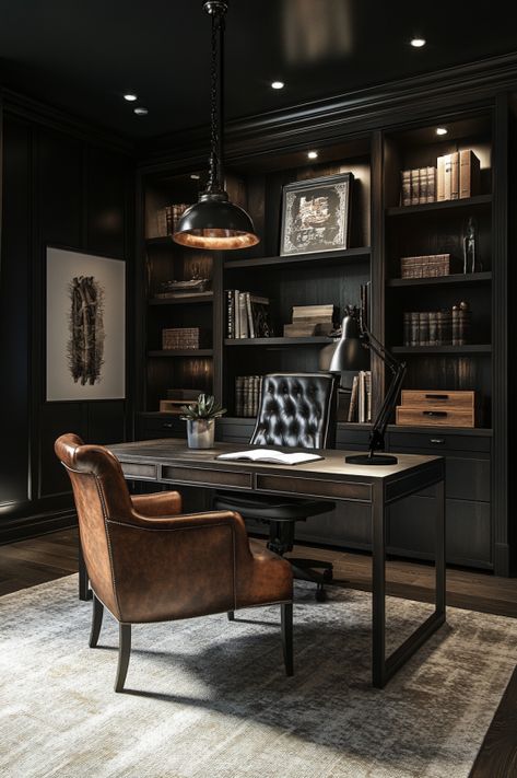 80+ Moody Office Ideas to Set the Tone of Your Workspace Open Den Office Ideas, Dark And Moody Home Office, Black And Brown Office, Work Room Design, Cool Home Office Ideas For Men, Moody Home Library, Male Home Office, Dark Moody Office, Dark Office Aesthetic