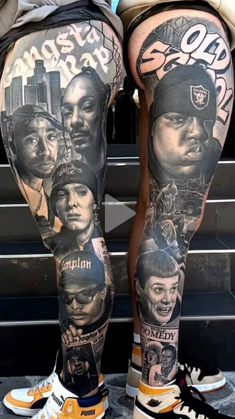 Rapper Sleeve Tattoo, Hip Hop Leg Sleeve Tattoo, Rapper Tattoos Sleeve, Gangsta Sleeve Tattoo, Rapper Tattoo Design, Straight Outta Compton Tattoo, Bone Thugs N Harmony Tattoo, Hiphop Tattoo Ideas, Biggie Tattoo